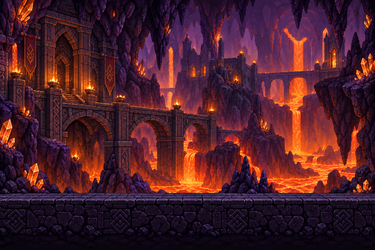 Purple cavern with glowing lava and ancient stone bridges