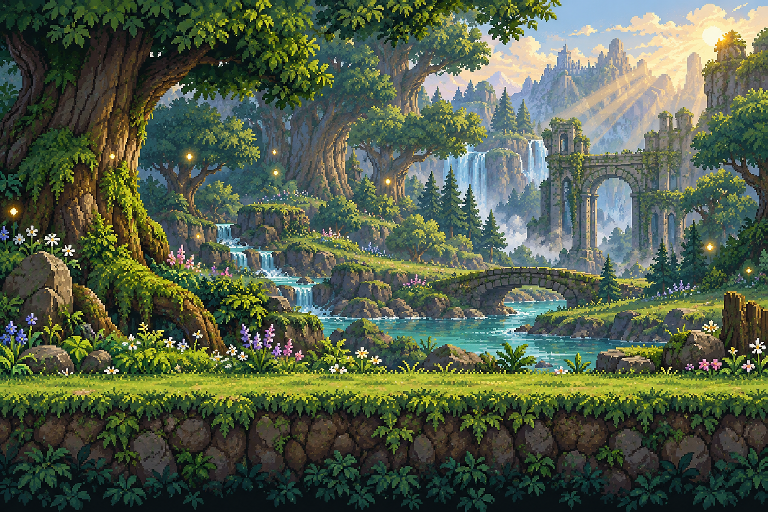 Emerald woodland with waterfalls and sunlit ruins