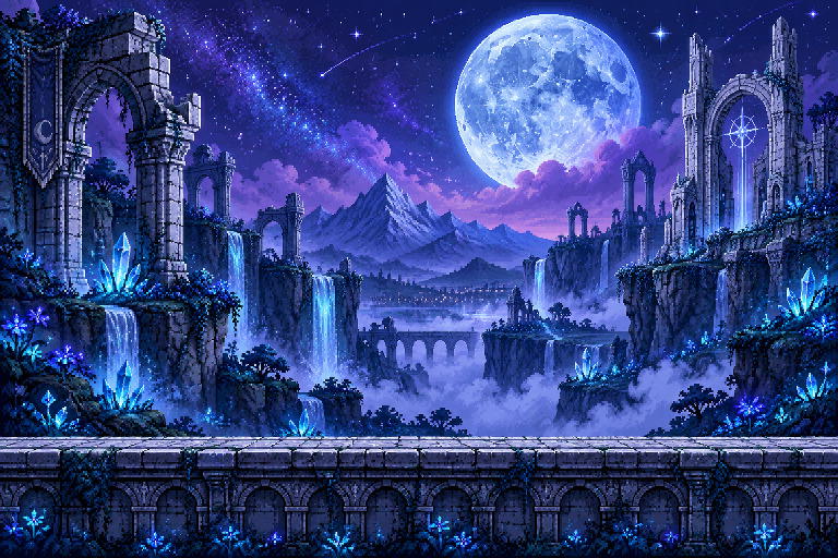 Moonlit blue ruins with luminous crystals
